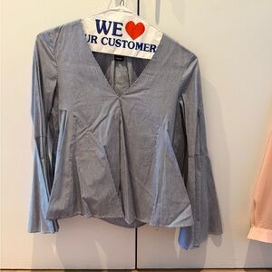 Aqua Blue and White V-Neck Blouse with Bell Sleeves